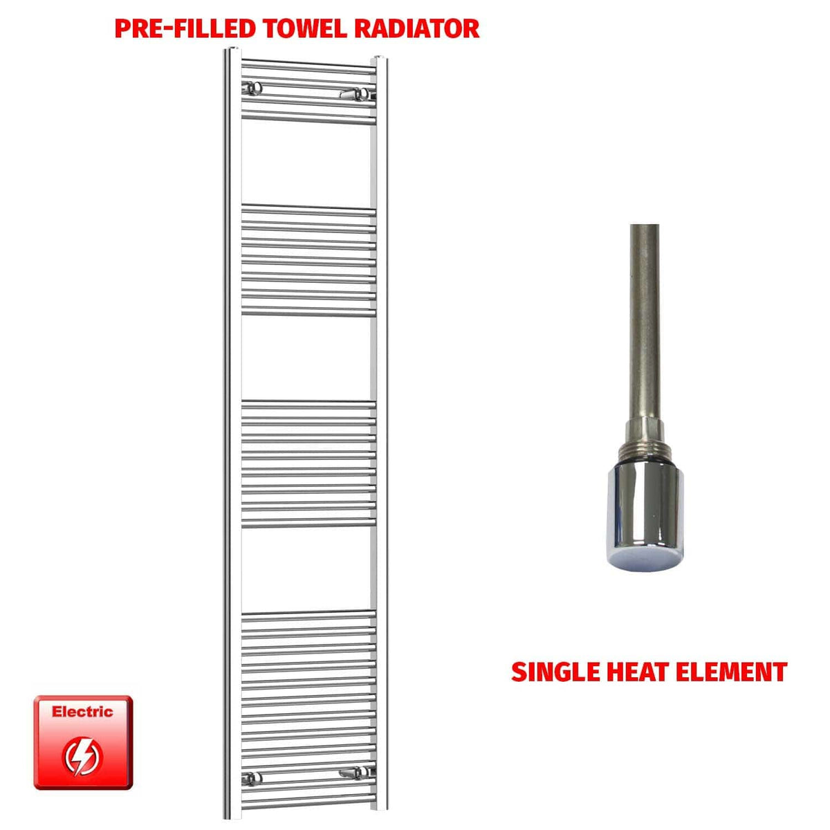 Straight / Single Heat Element 500 x 1800 Flat Chrome Pre-Filled Electric Towel Rail HTR
