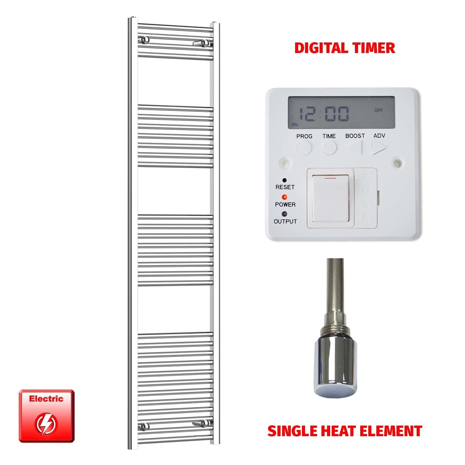 Straight / Single Heat Element + Digital Timer 500 x 1800 Flat Chrome Pre-Filled Electric Towel Rail HTR