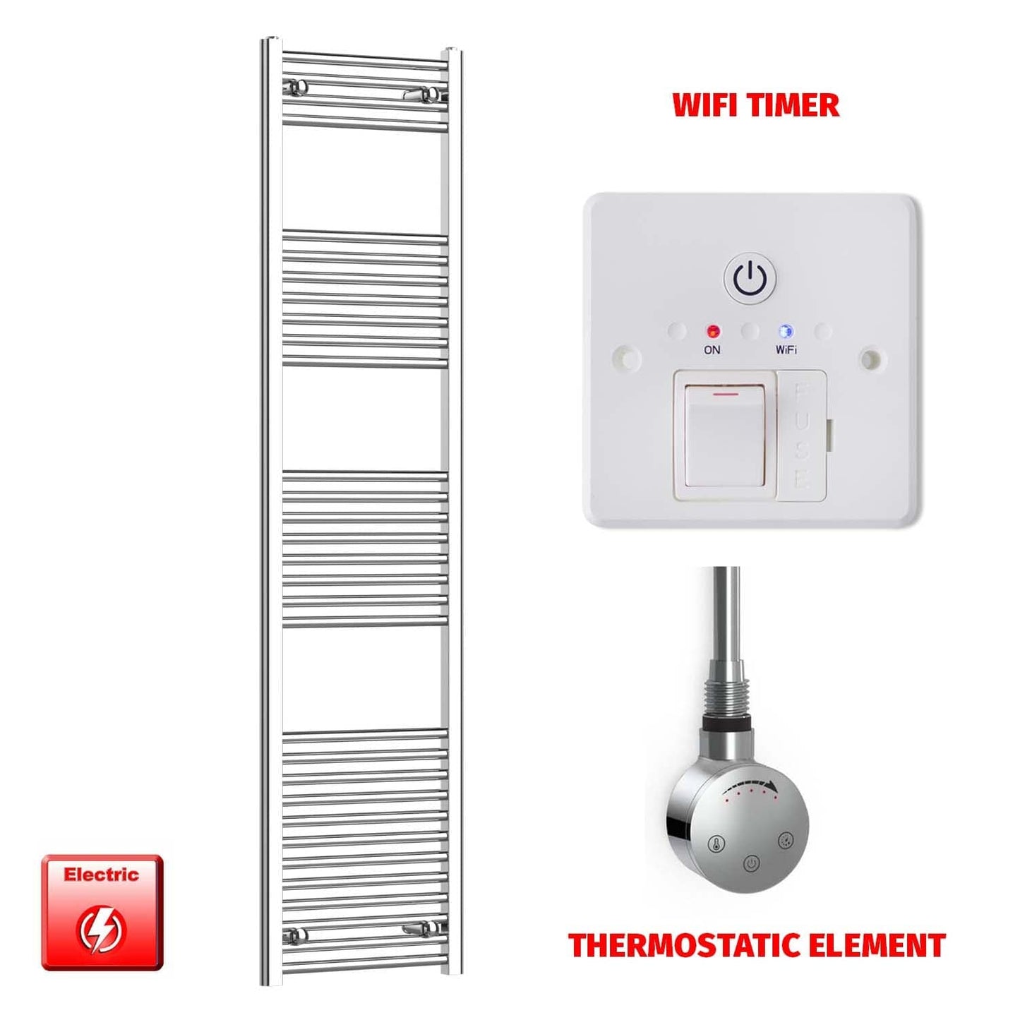 Straight / Thermostatic Element + Wifi Timer 500 x 1800 Flat Chrome Pre-Filled Electric Towel Rail HTR