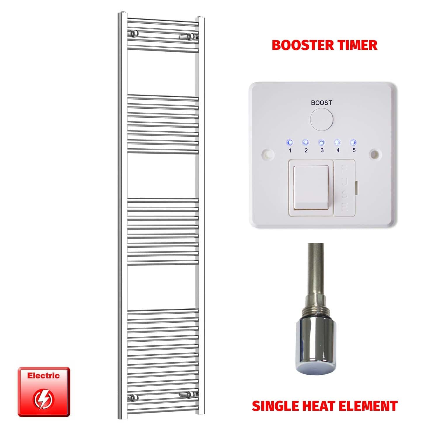 Straight / Single Heat Element + Booster Timer 500 x 1800 Flat Chrome Pre-Filled Electric Towel Rail HTR