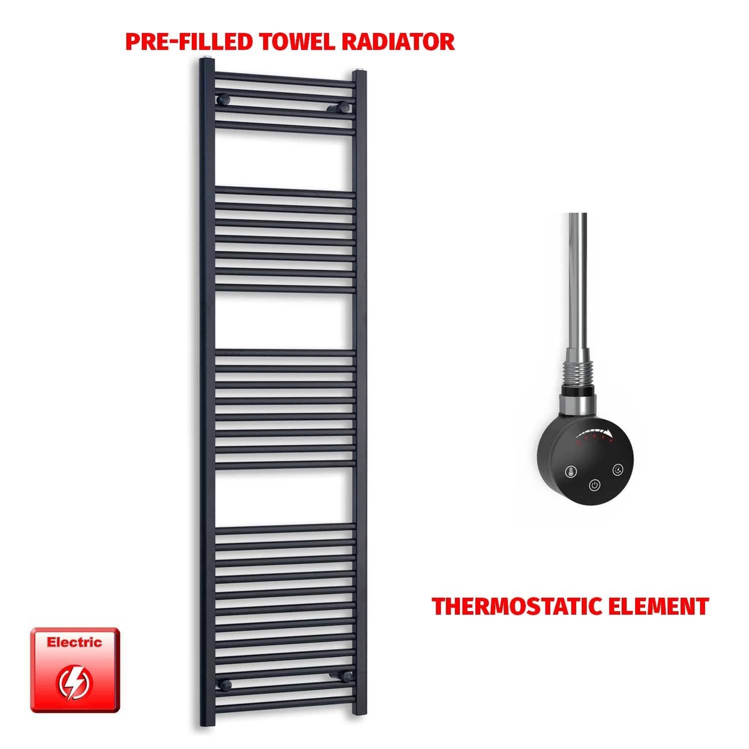 Thermostatic Element 500 x 1800 High Flat Black Pre-Filled Electric Towel Rail