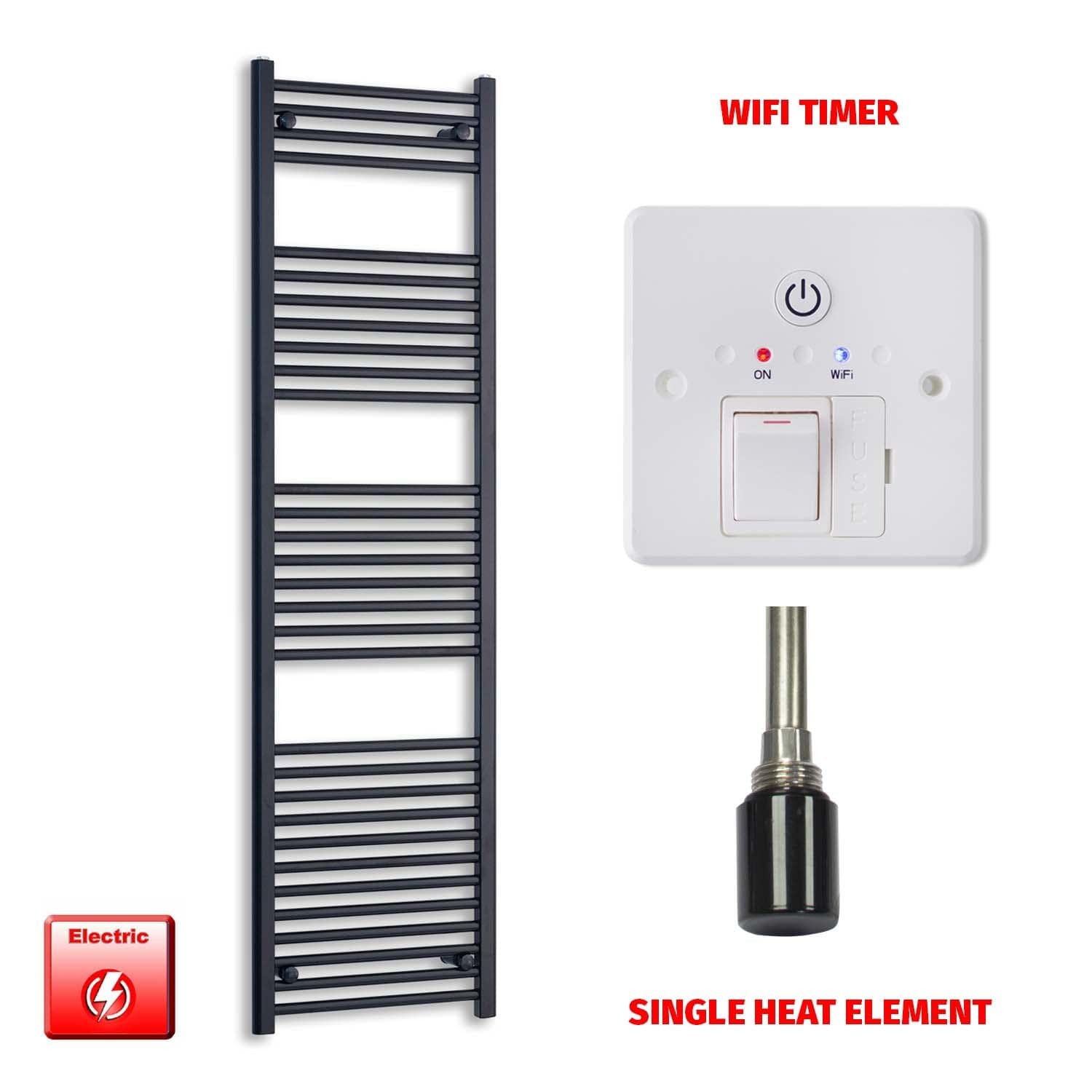 Single Heat Element + Wifi Timer 500 x 1800 High Flat Black Pre-Filled Electric Towel Rail
