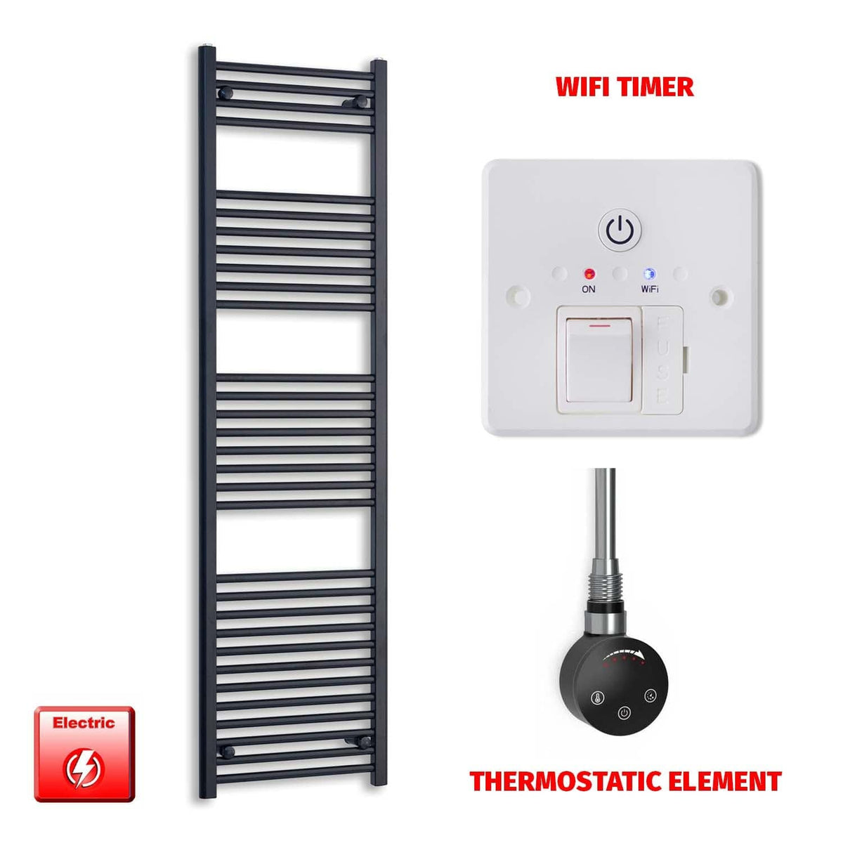 Thermostatic Element + Wifi Timer 500 x 1800 High Flat Black Pre-Filled Electric Towel Rail
