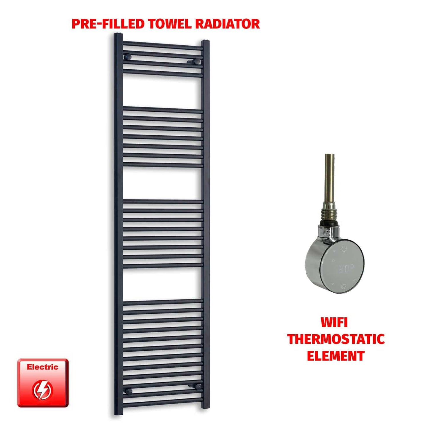 ER-Wifi Thermostatic 500 x 1800 High Flat Black Pre-Filled Electric Towel Rail