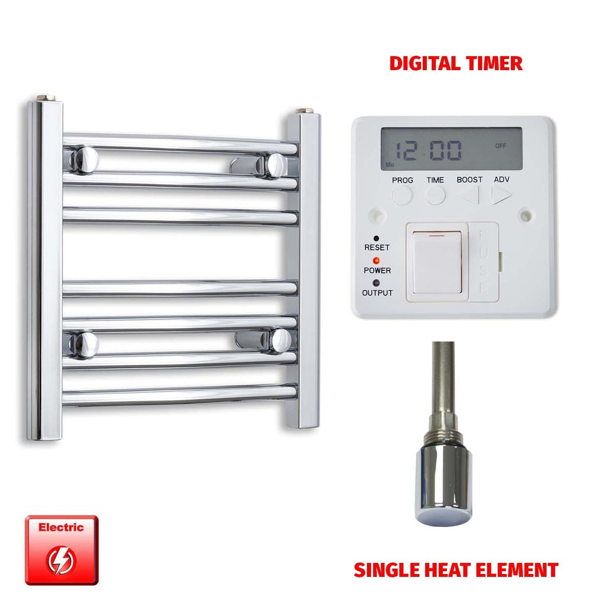 Straight / Single Heat Element + Digital Timer 500 x 400 Flat Chrome Pre-Filled Electric Towel Rail HTR