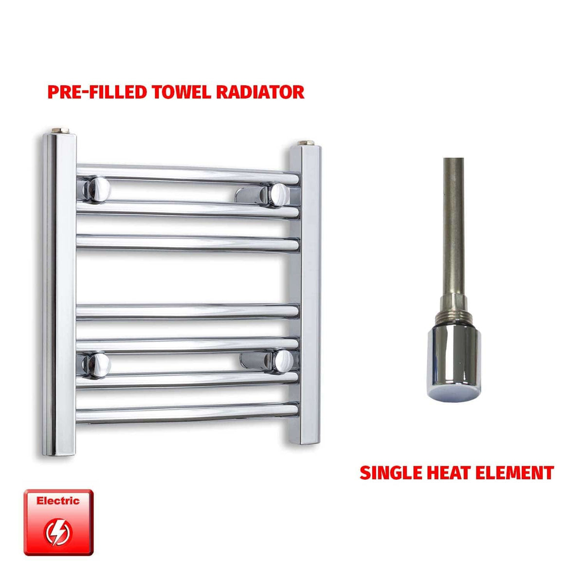 Straight / Single Heat Element 500 x 400 Flat Chrome Pre-Filled Electric Towel Rail HTR
