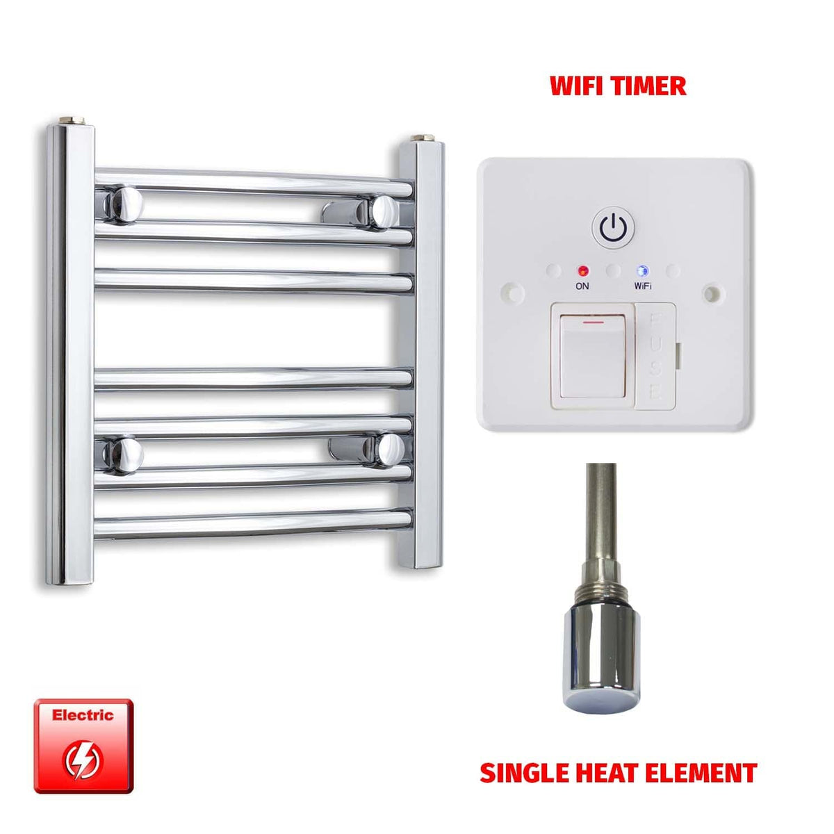 Straight / Single Heat Element + Wifi Timer 500 x 400 Flat Chrome Pre-Filled Electric Towel Rail HTR