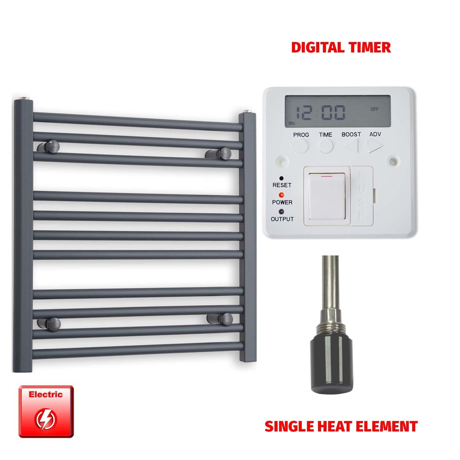 Single Heat Element + Digital Timer 500 x 600 Flat Anthracite Pre-Filled Electric Towel Radiator