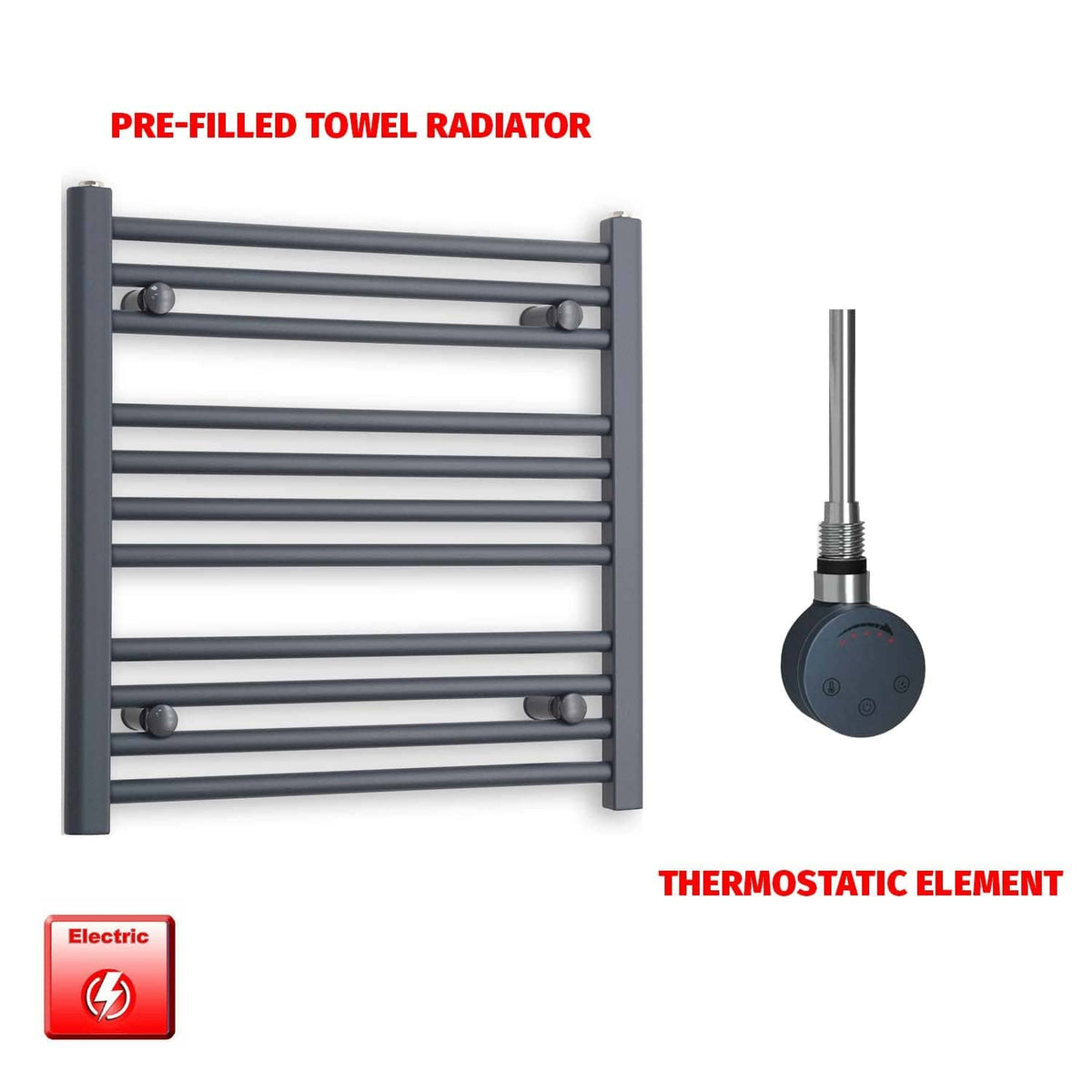 Thermostatic Element 500 x 600 Flat Anthracite Pre-Filled Electric Towel Radiator