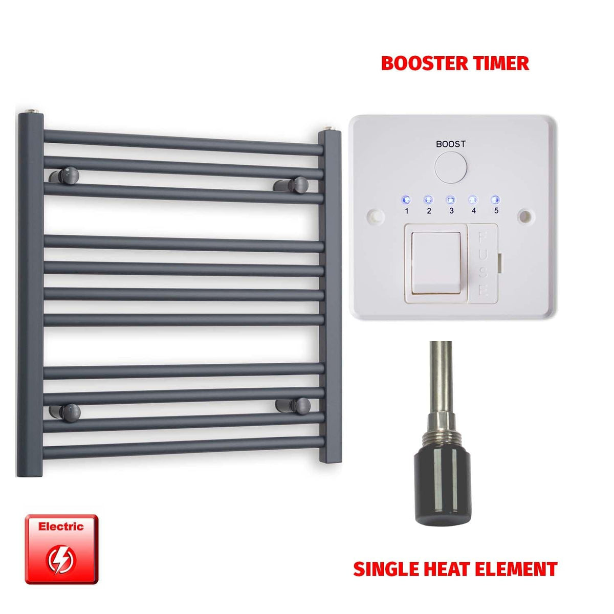 Single Heat Element + Booster Timer 500 x 600 Flat Anthracite Pre-Filled Electric Towel Radiator