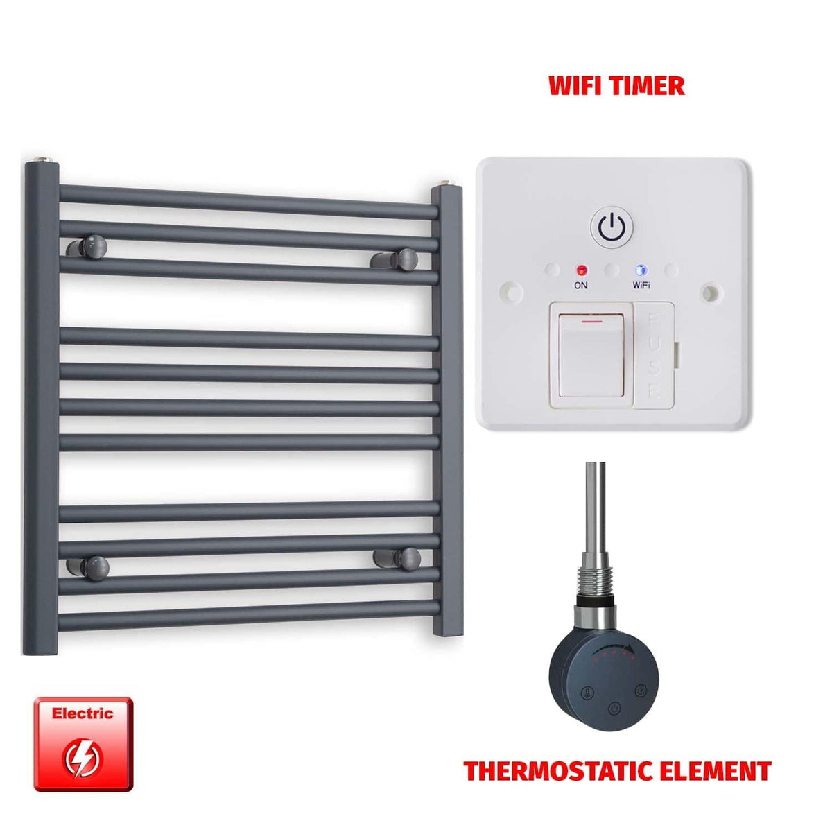Thermostatic Element + Wifi Timer 500 x 600 Flat Anthracite Pre-Filled Electric Towel Radiator
