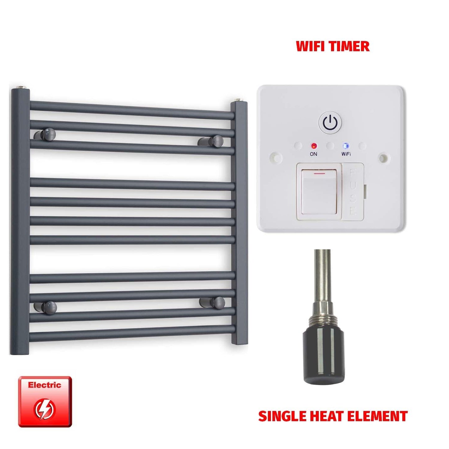 Single Heat Element + Wifi Timer 500 x 600 Flat Anthracite Pre-Filled Electric Towel Radiator