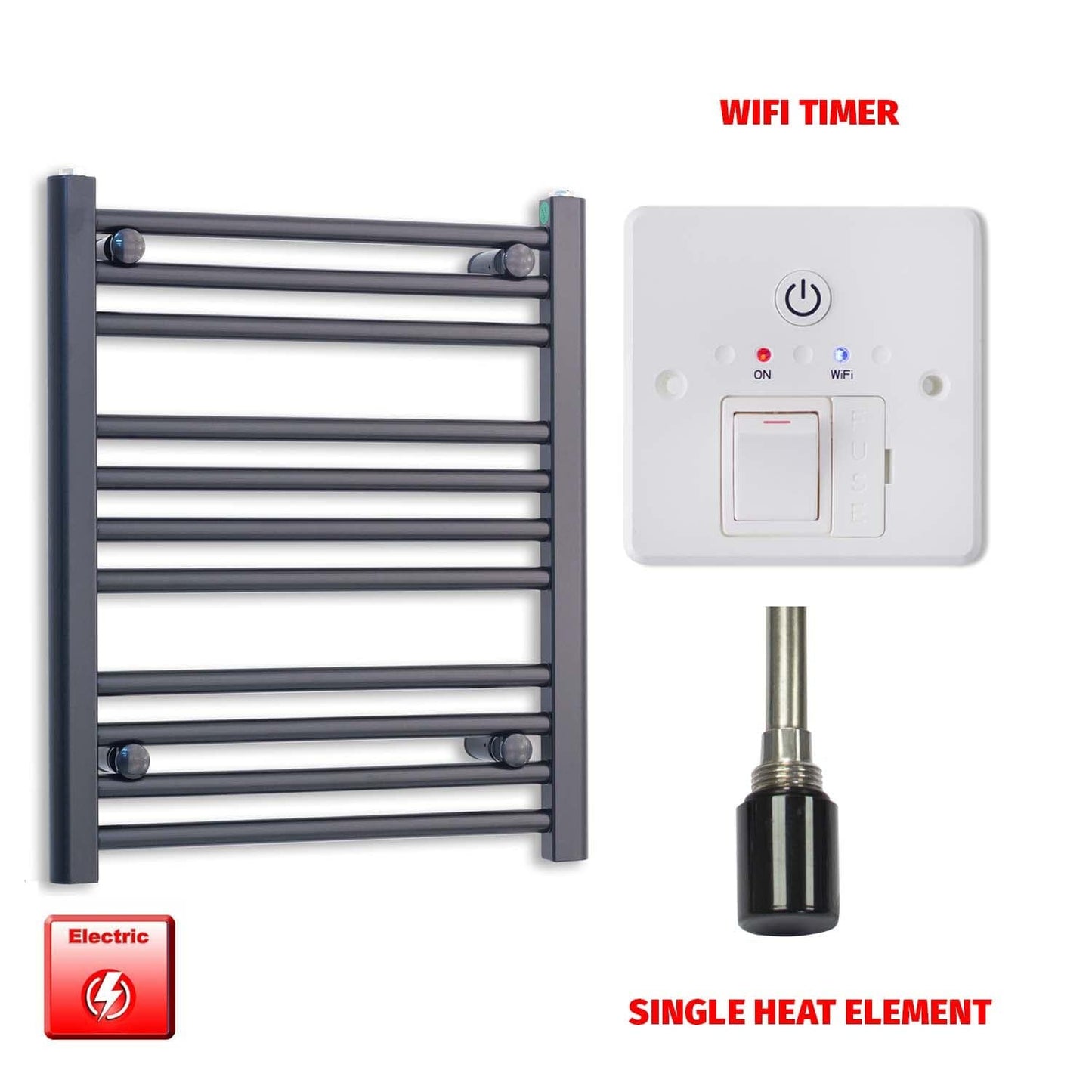 Single Heat Element + Wifi Timer 500 x 600 Flat Black Pre-Filled Electric Heated Towel Rail