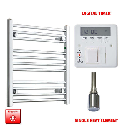 Straight / Single Heat Element + Digital Timer 500 x 600 Flat Chrome Pre-Filled Electric Heated Towel Rail