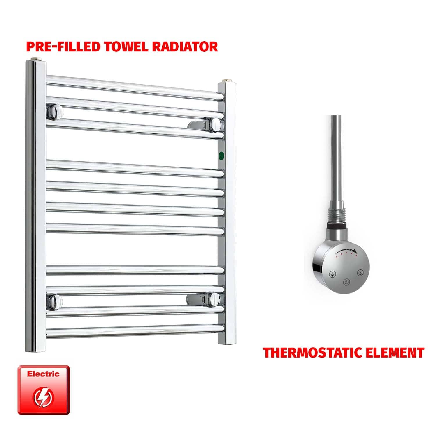 Straight / Thermostatic Element 500 x 600 Flat Chrome Pre-Filled Electric Heated Towel Rail