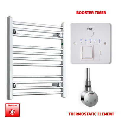 Straight / Thermostatic Element + Booster Timer 500 x 600 Flat Chrome Pre-Filled Electric Heated Towel Rail