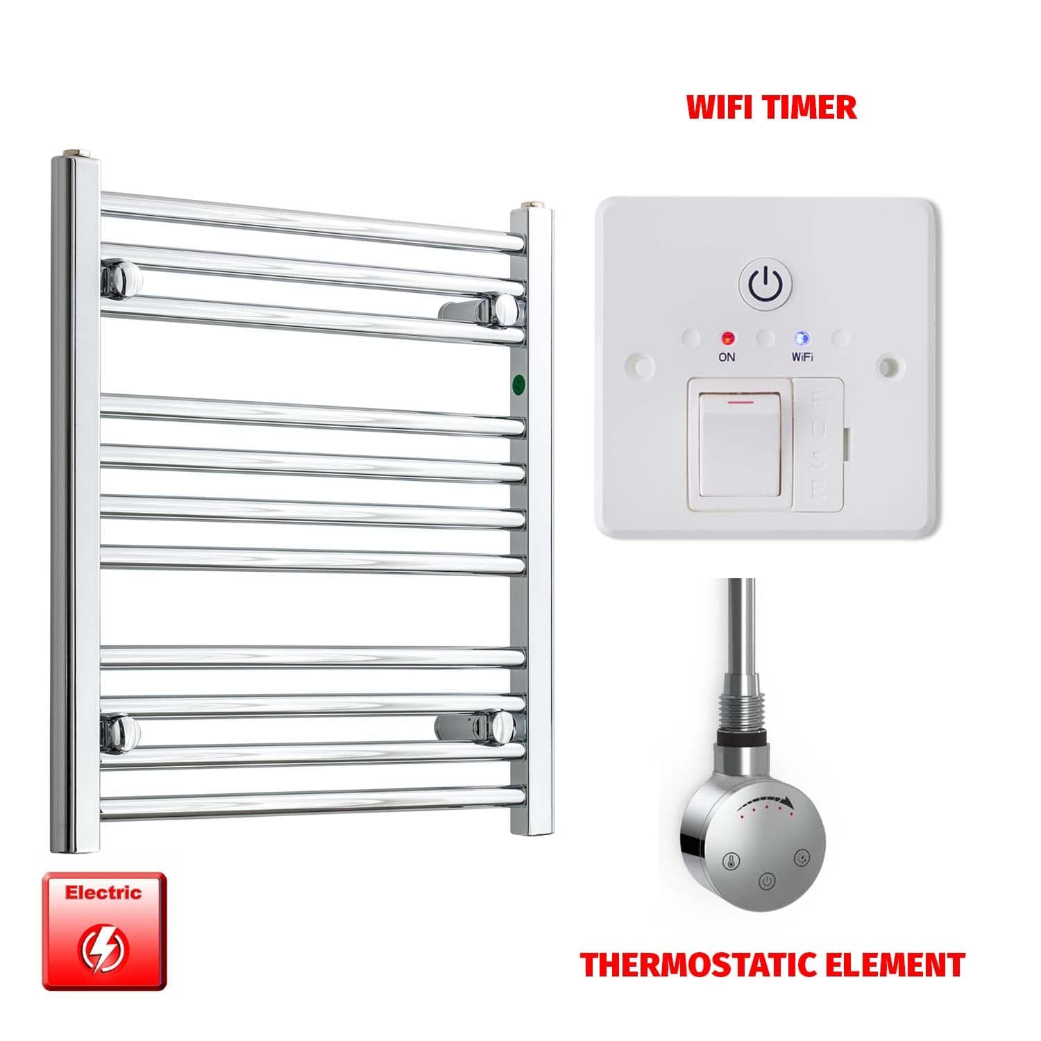 Straight / Thermostatic Element + Wifi Timer 500 x 600 Flat Chrome Pre-Filled Electric Heated Towel Rail