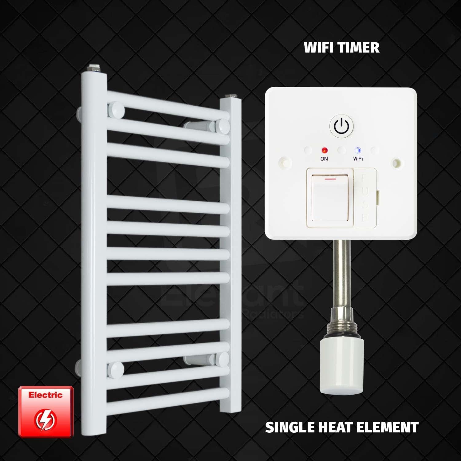 Single Heat Element + Wifi Timer 500 x 600 Flat White Pre-Filled Electric Heated Towel Rail