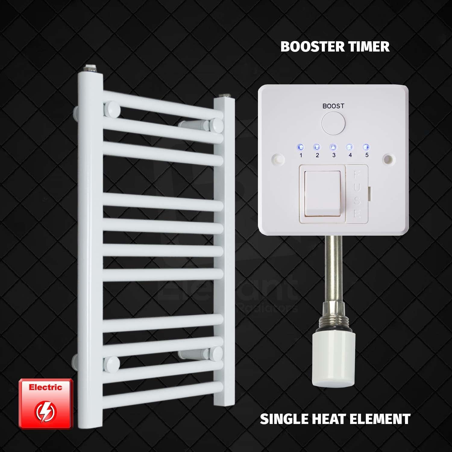 Single Heat Element + Booster Timer 500 x 600 Flat White Pre-Filled Electric Heated Towel Rail