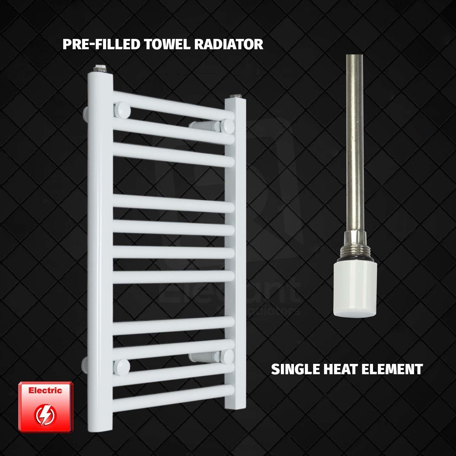 Single Heat Element 500 x 600 Flat White Pre-Filled Electric Heated Towel Rail
