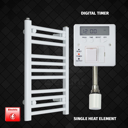Single Heat Element + Digital Timer 500 x 600 Flat White Pre-Filled Electric Heated Towel Rail