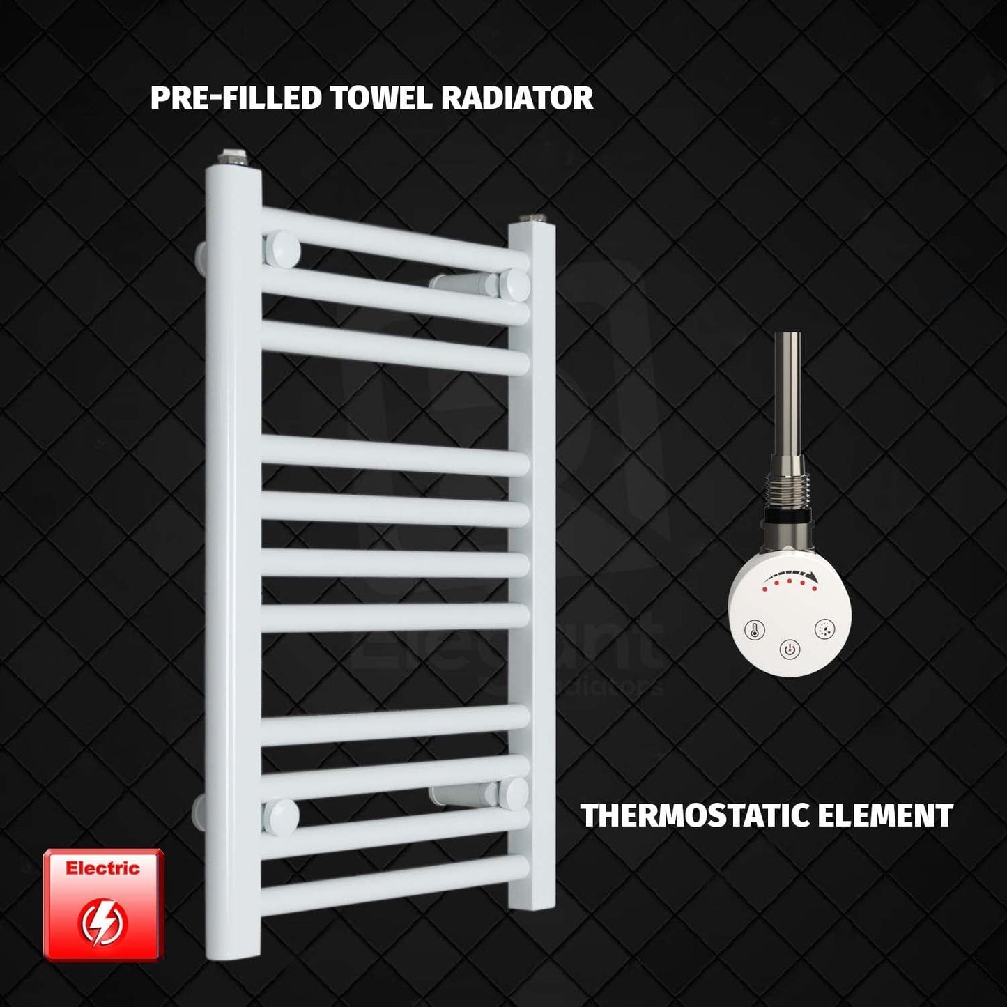 Thermostatic Element 500 x 600 Flat White Pre-Filled Electric Heated Towel Rail