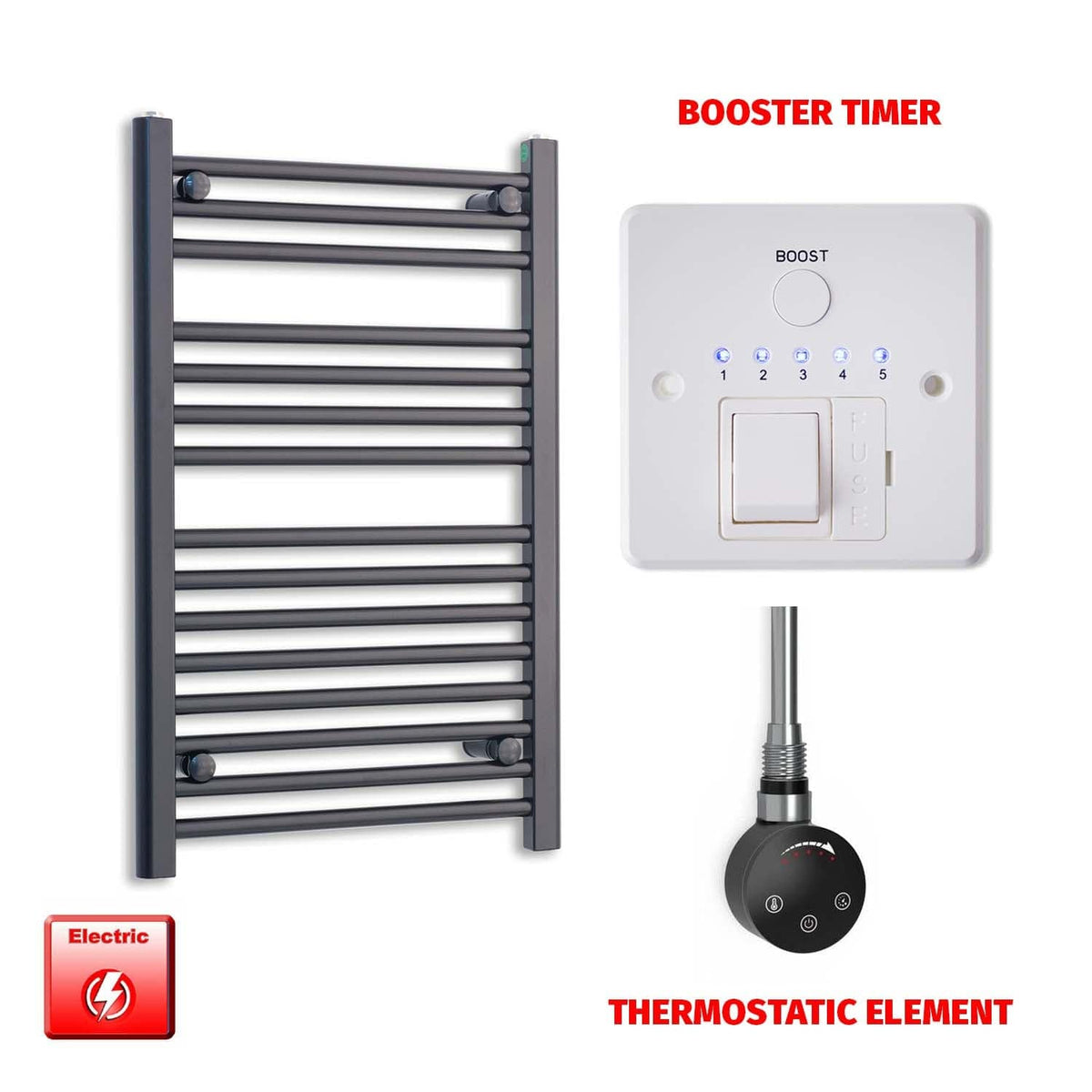 Thermostatic Element + Booster Timer 500 x 800 Flat Black Pre-Filled Electric Heated Towel Rail