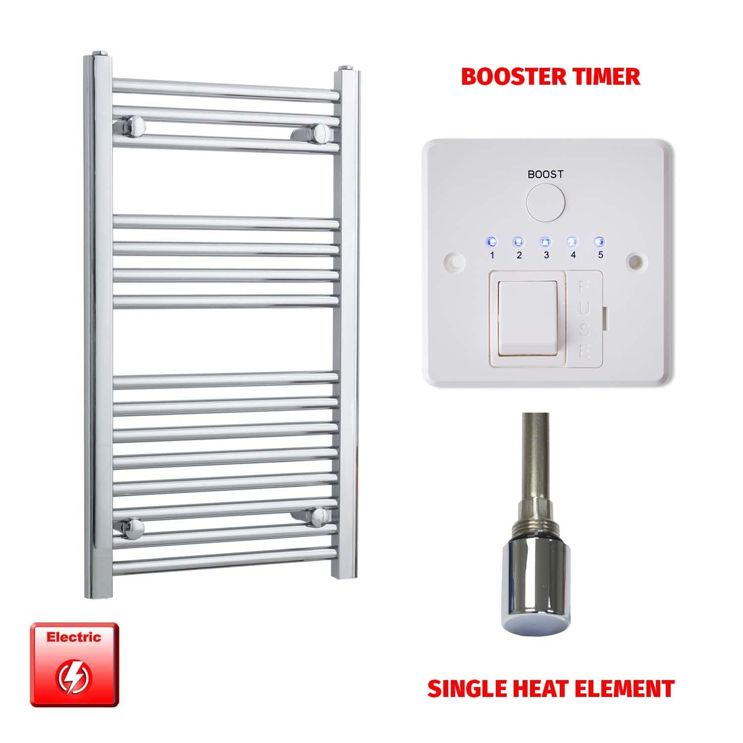 Straight / Single Heat Element + Booster Timer 500 x 800 Flat Chrome Pre-Filled Electric Heated Towel Rail