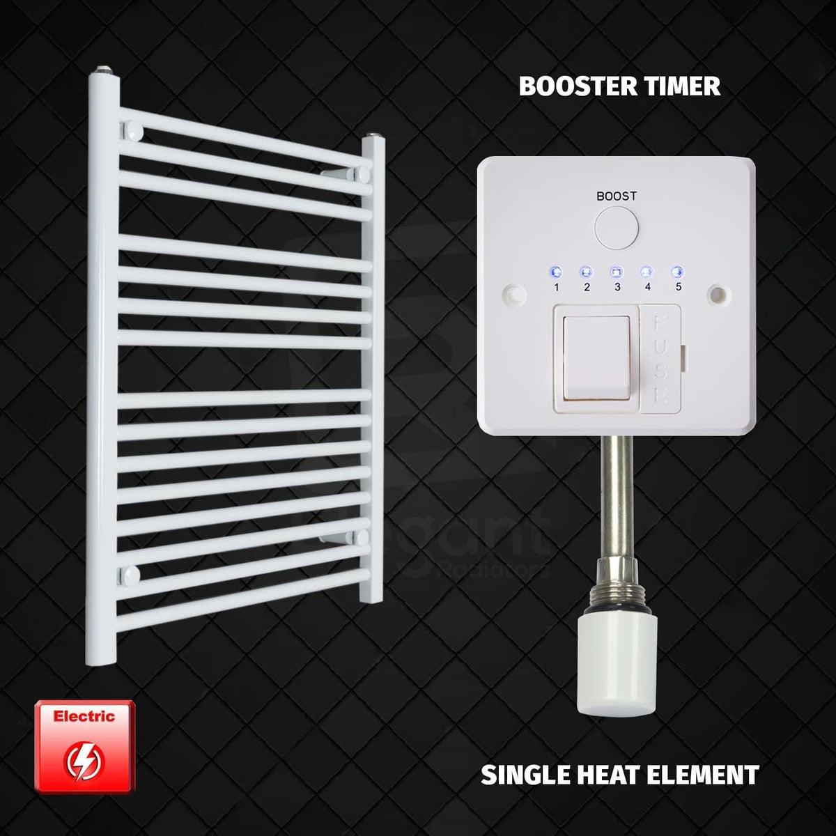 Single Heat Element + Booster Timer 500 x 800 Pre-Filled Electric Heated Towel Radiator White HTR