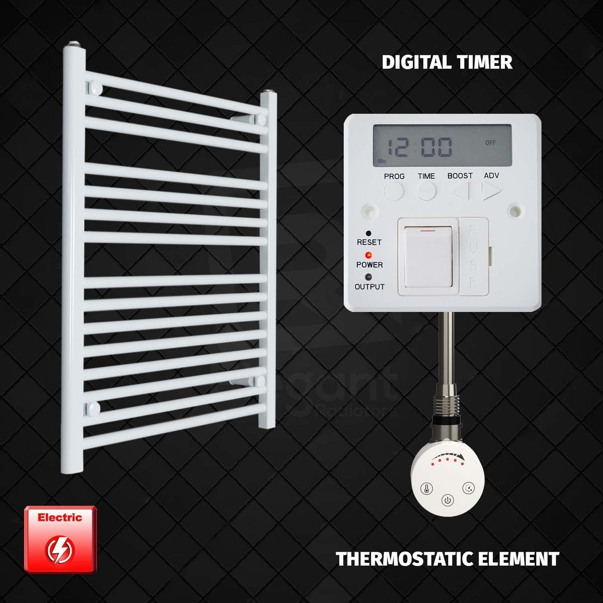 Thermostatic Element + Digital Timer 500 x 800 Pre-Filled Electric Heated Towel Radiator White HTR