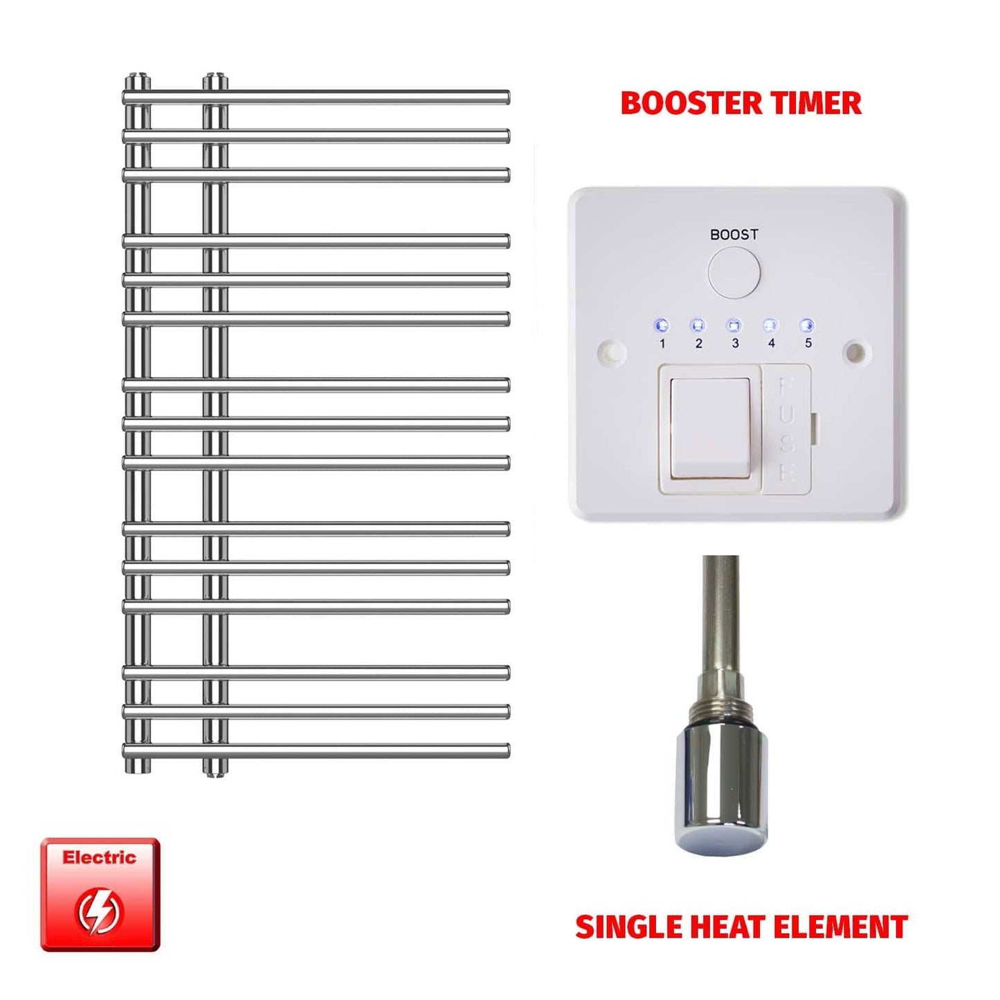 Single Heat Element + Booster Timer 500 x  900 Difta PreFilled Electric Heated Towel Rail Chrome