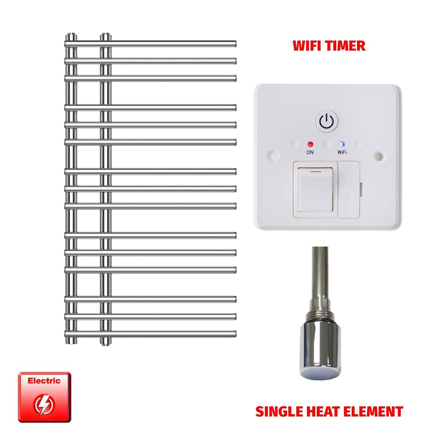 Single Heat Element + Wifi Timer 500 x  900 Difta PreFilled Electric Heated Towel Rail Chrome