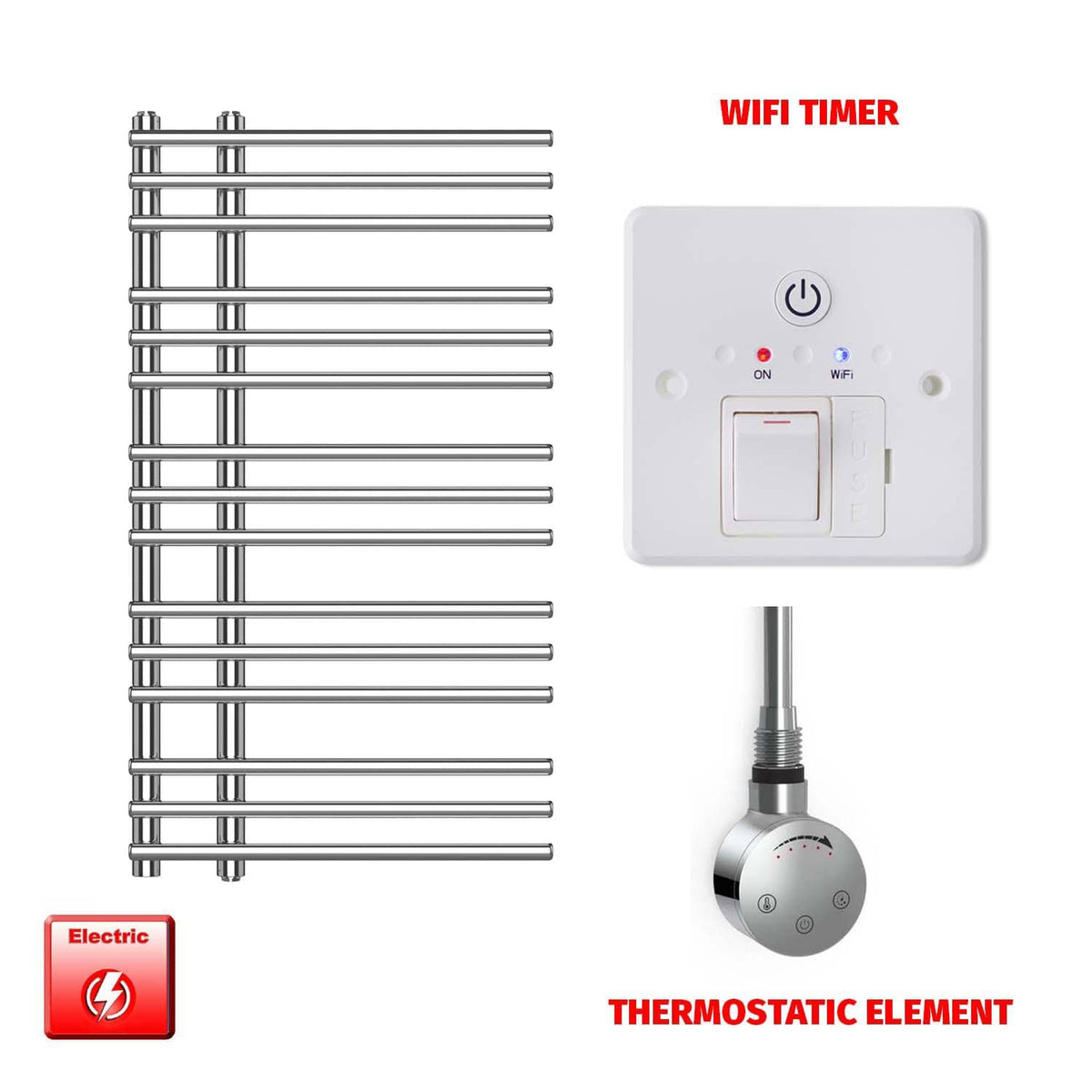 Thermostatic Element + Wifi Timer 500 x  900 Difta PreFilled Electric Heated Towel Rail Chrome