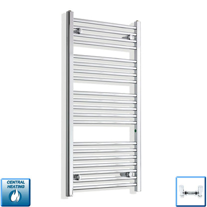 With Angled Valves 500mm Wide 1100mm High Chrome Heated Flat Towel Radiator