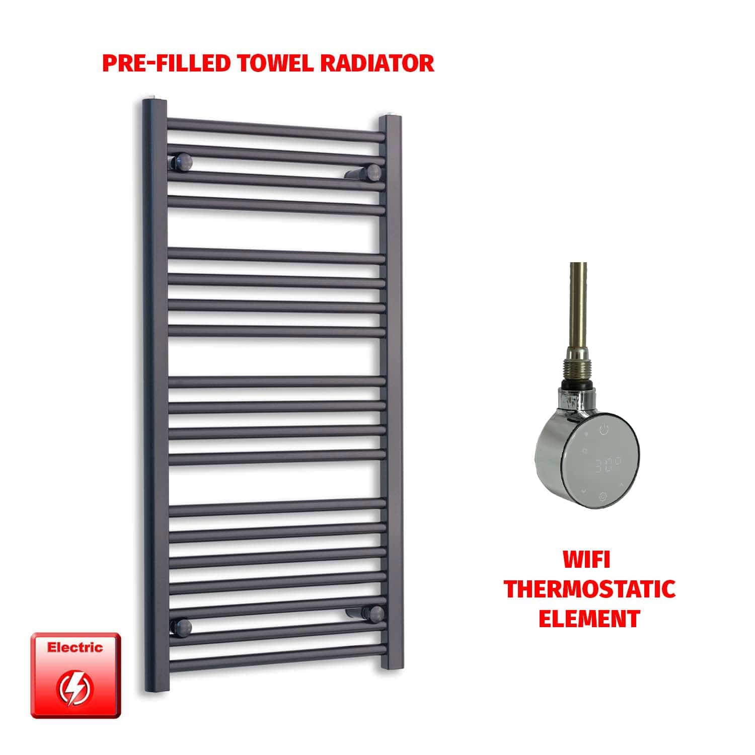 ER-Wifi Thermostatic 550 x 1000 Flat Black Pre-Filled Electric Heated Towel Rail