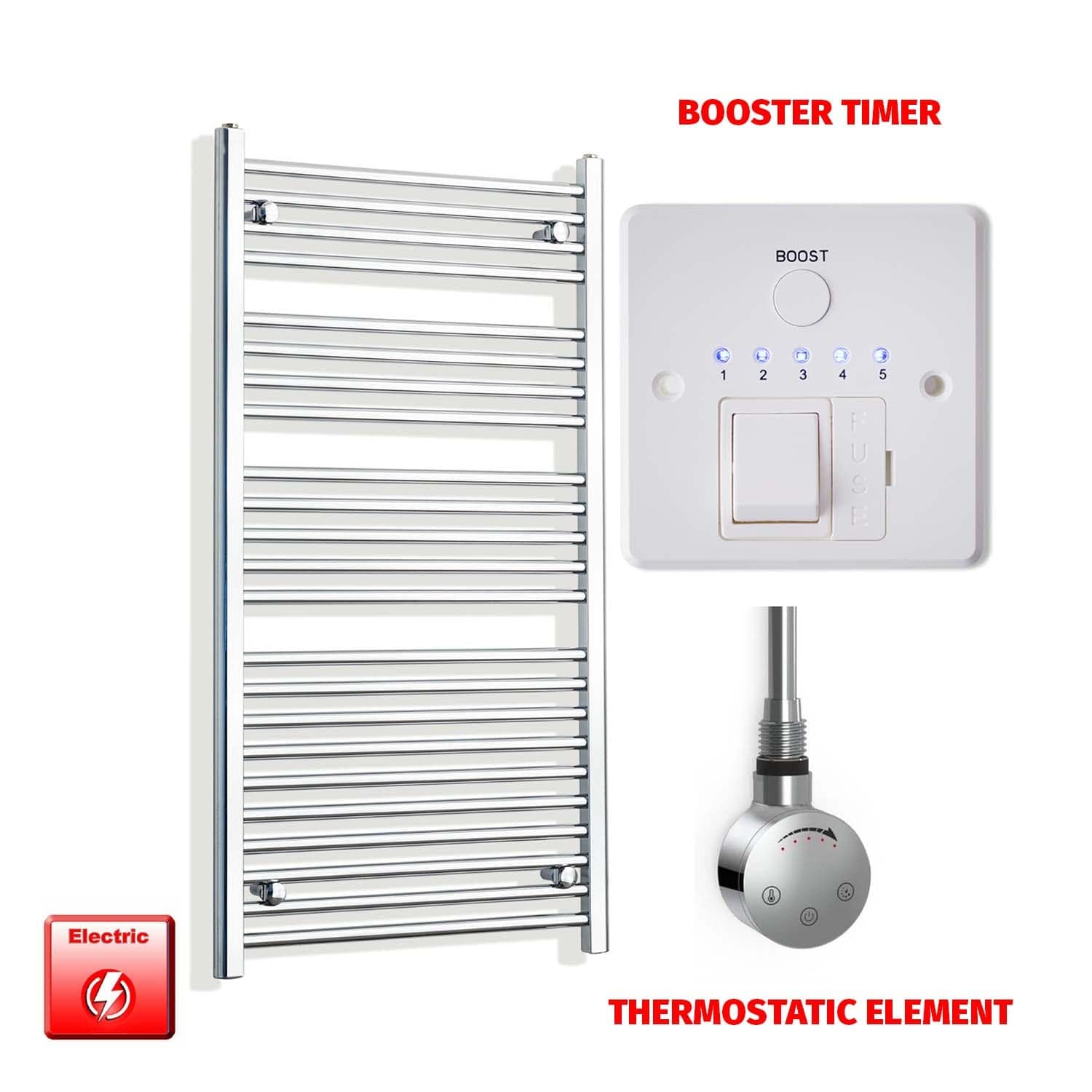Thermostatic Element + Booster Timer 550 x 1200 Flat Chrome Pre-Filled Electric Heated Towel Rail