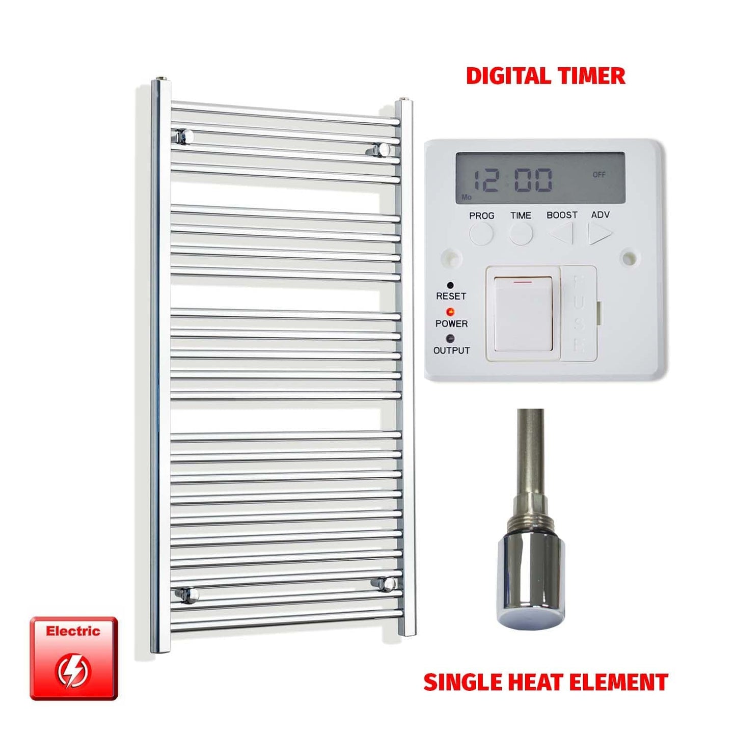 Single Heat Element + Digital Timer 550 x 1200 Flat Chrome Pre-Filled Electric Heated Towel Rail