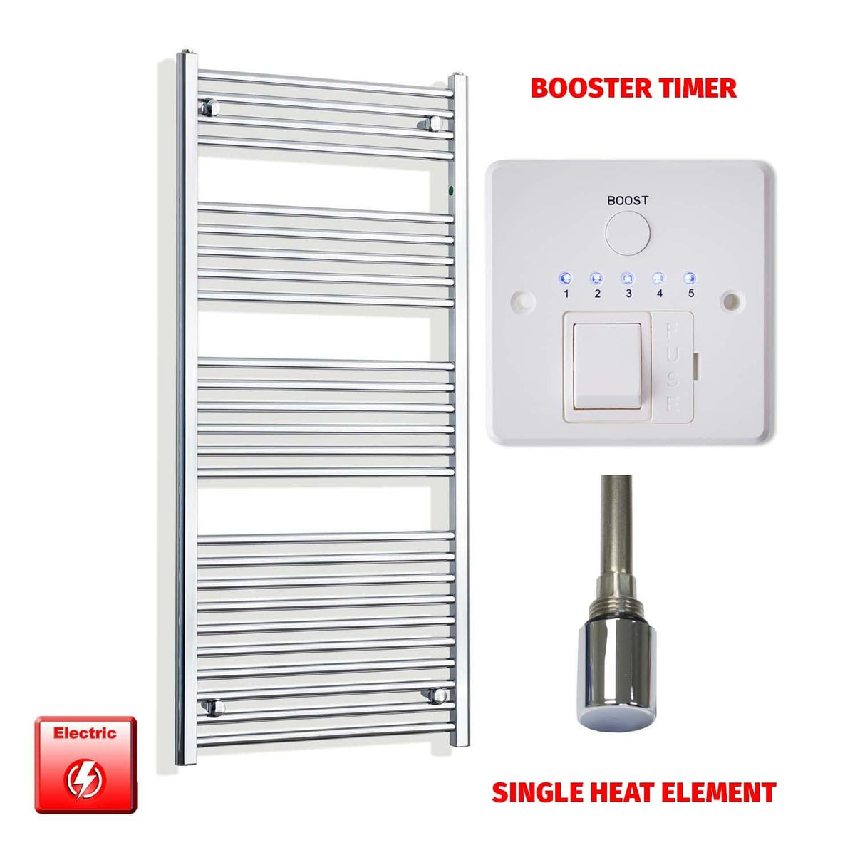Single Heat Element + Booster Timer 550 x 1400mm Flat Chrome Pre-Filled Electric Towel Radiator