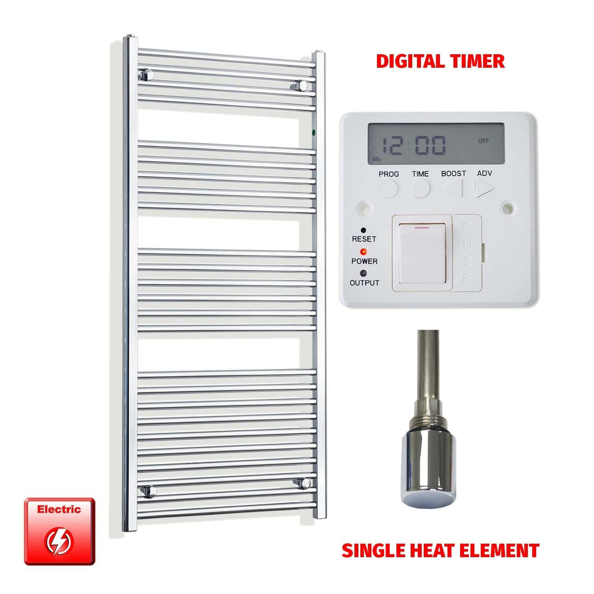 Single Heat Element + Digital Timer 550 x 1400mm Flat Chrome Pre-Filled Electric Towel Radiator