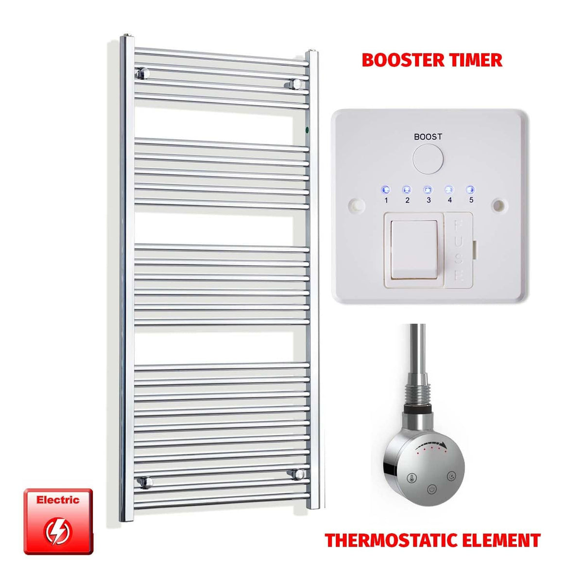 Thermostatic Element + Booster Timer 550 x 1400mm Flat Chrome Pre-Filled Electric Towel Radiator