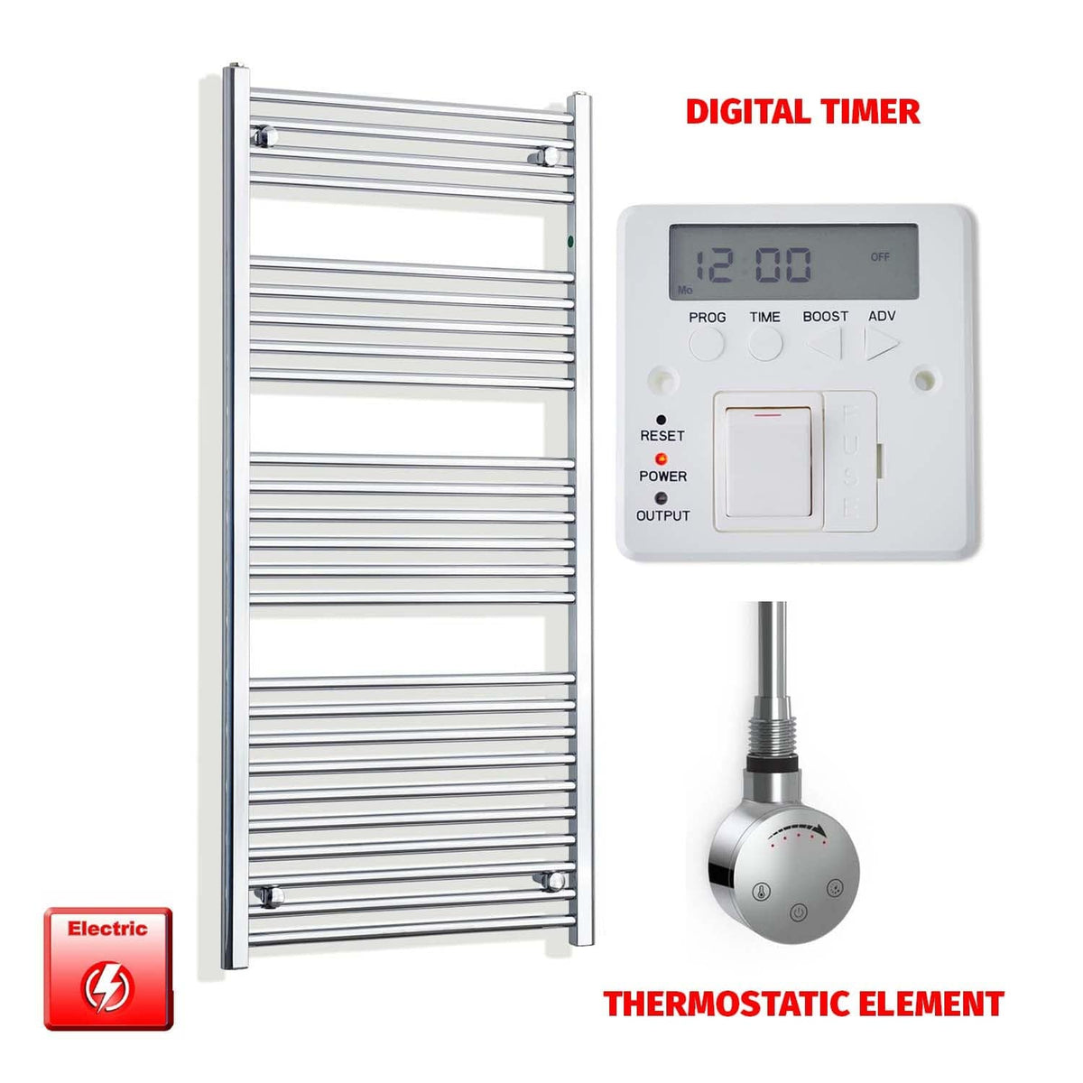 Thermostatic Element + Digital Timer 550 x 1400mm Flat Chrome Pre-Filled Electric Towel Radiator