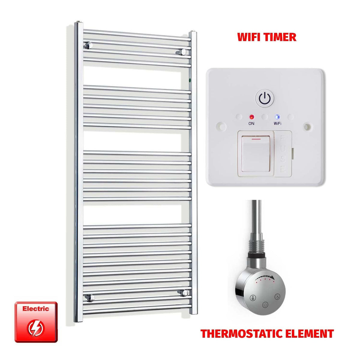Thermostatic Element + Wifi Timer 550 x 1400mm Flat Chrome Pre-Filled Electric Towel Radiator