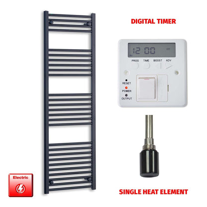 Single Heat Element + Digital Timer 550 x 1600 Flat Black Pre-Filled Electric Heated Towel Rail
