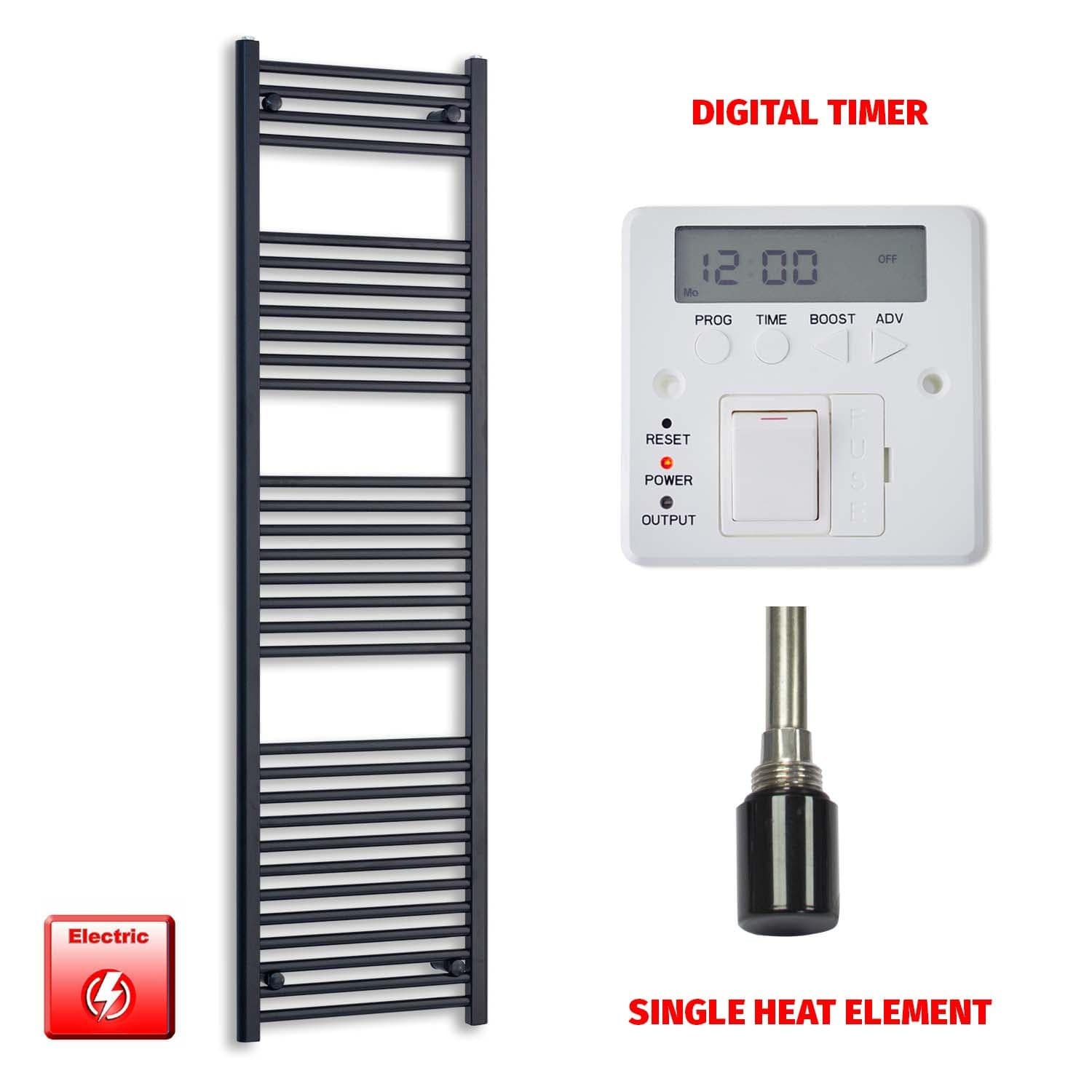 Single Heat Element + Digital Timer 550 x 1800 Flat Black Pre-Filled Electric Heated Towel Rail