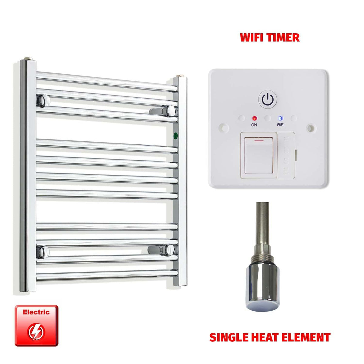 Single Heat Element + Wifi Timer 550 x 600 Pre-Filled Electric Heated Towel Rail Chrome HTR