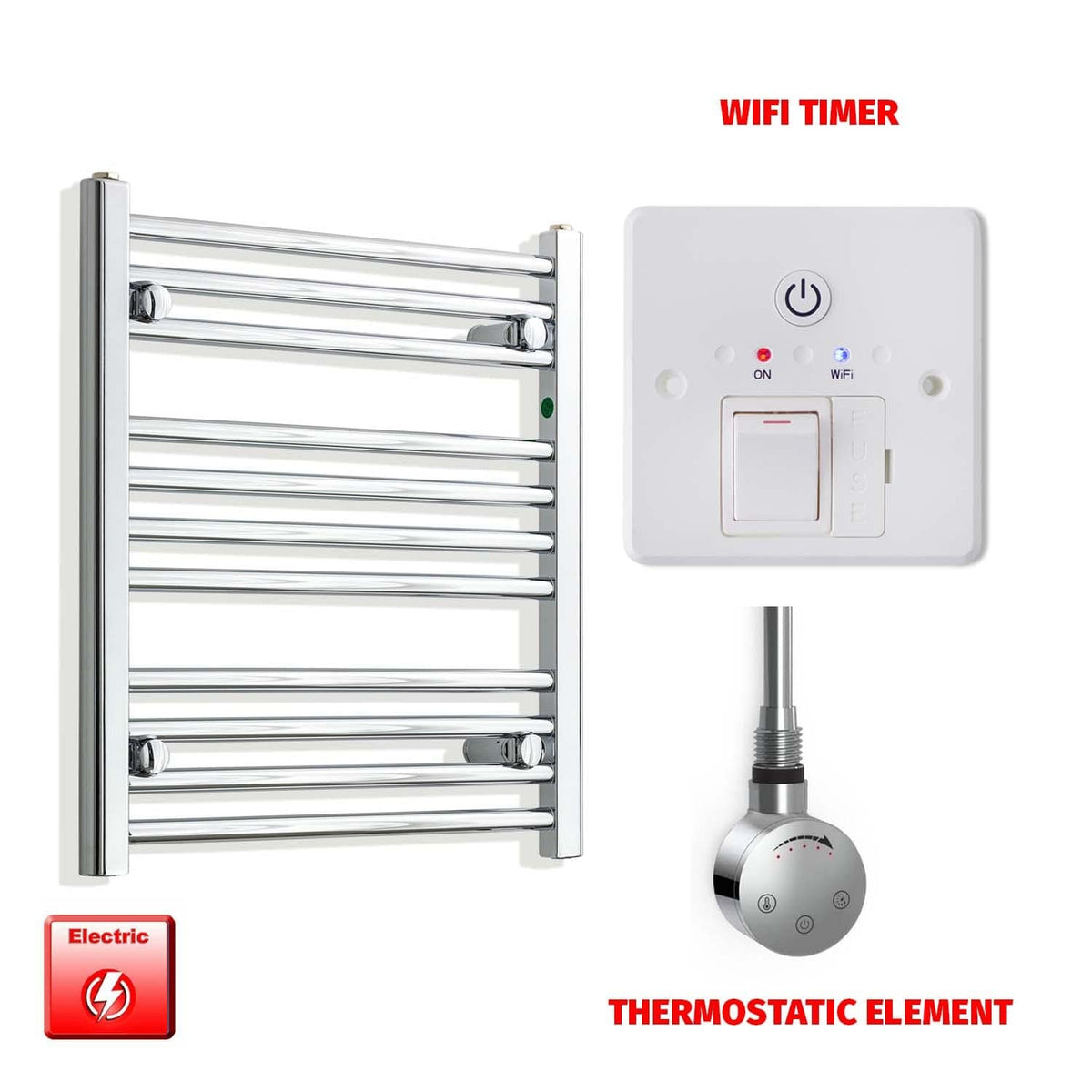 Thermostatic Element + Wifi Timer 550 x 600 Pre-Filled Electric Heated Towel Rail Chrome HTR
