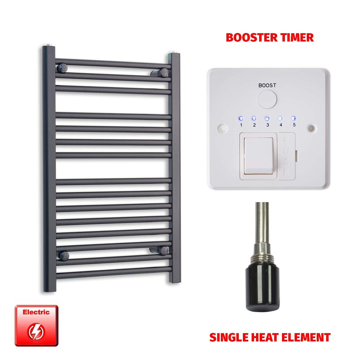 Single Heat Element + Booster Timer 550 x 800 Flat Black Pre-Filled Electric Heated Towel Rail HTR