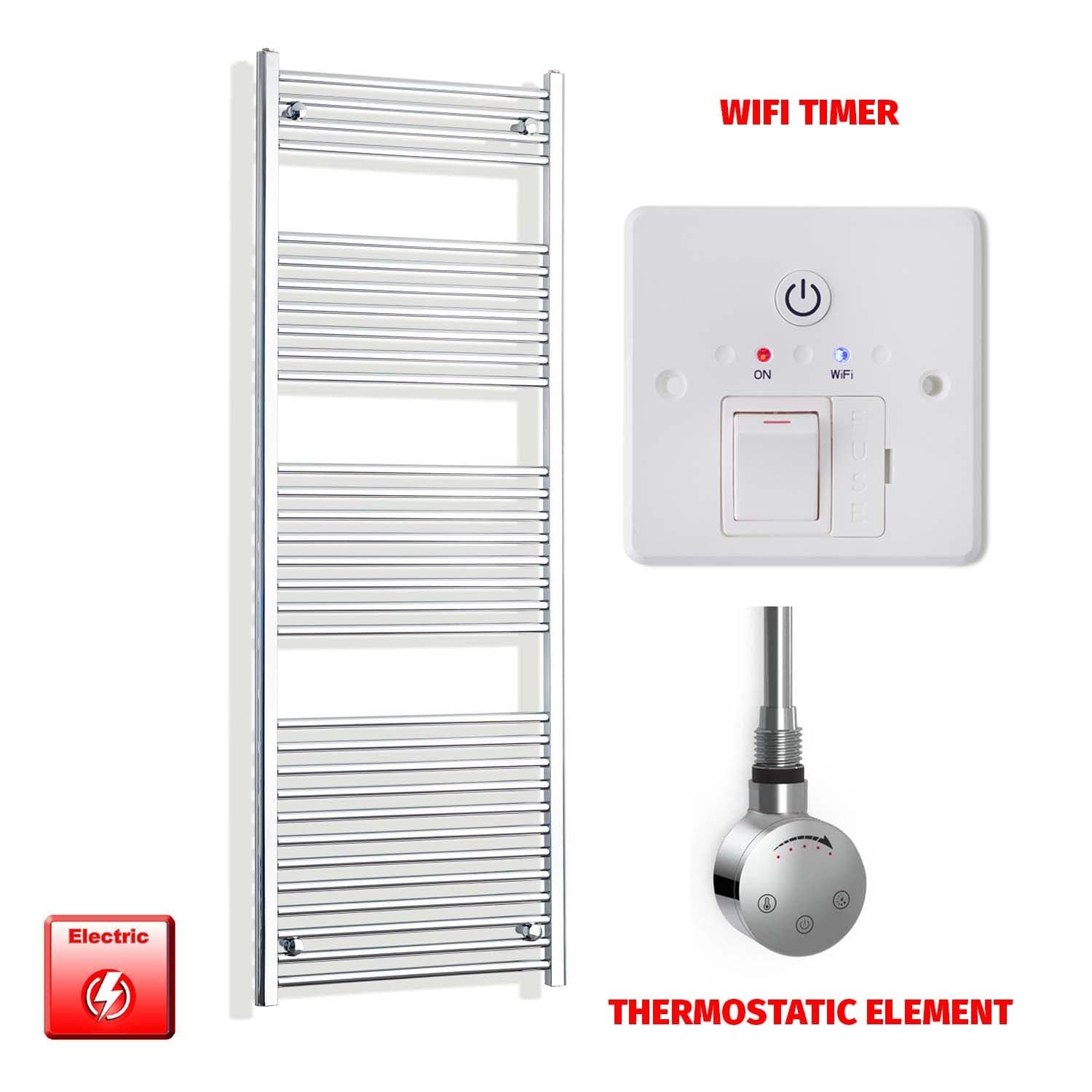 Thermostatic Element + Wifi Timer 550mm Wide 1800mm High Electric Heated Towel Rail Chrome