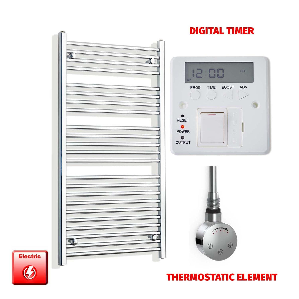 Thermostatic Element + Digital Timer 550mm x 1200mm Flat Chrome Pre-Filled Electric Towel Rail
