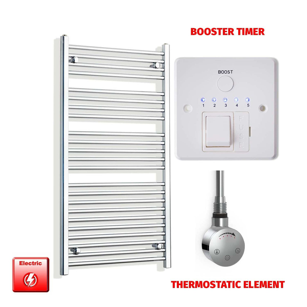 Thermostatic Element + Booster Timer 550mm x 1200mm Flat Chrome Pre-Filled Electric Towel Rail